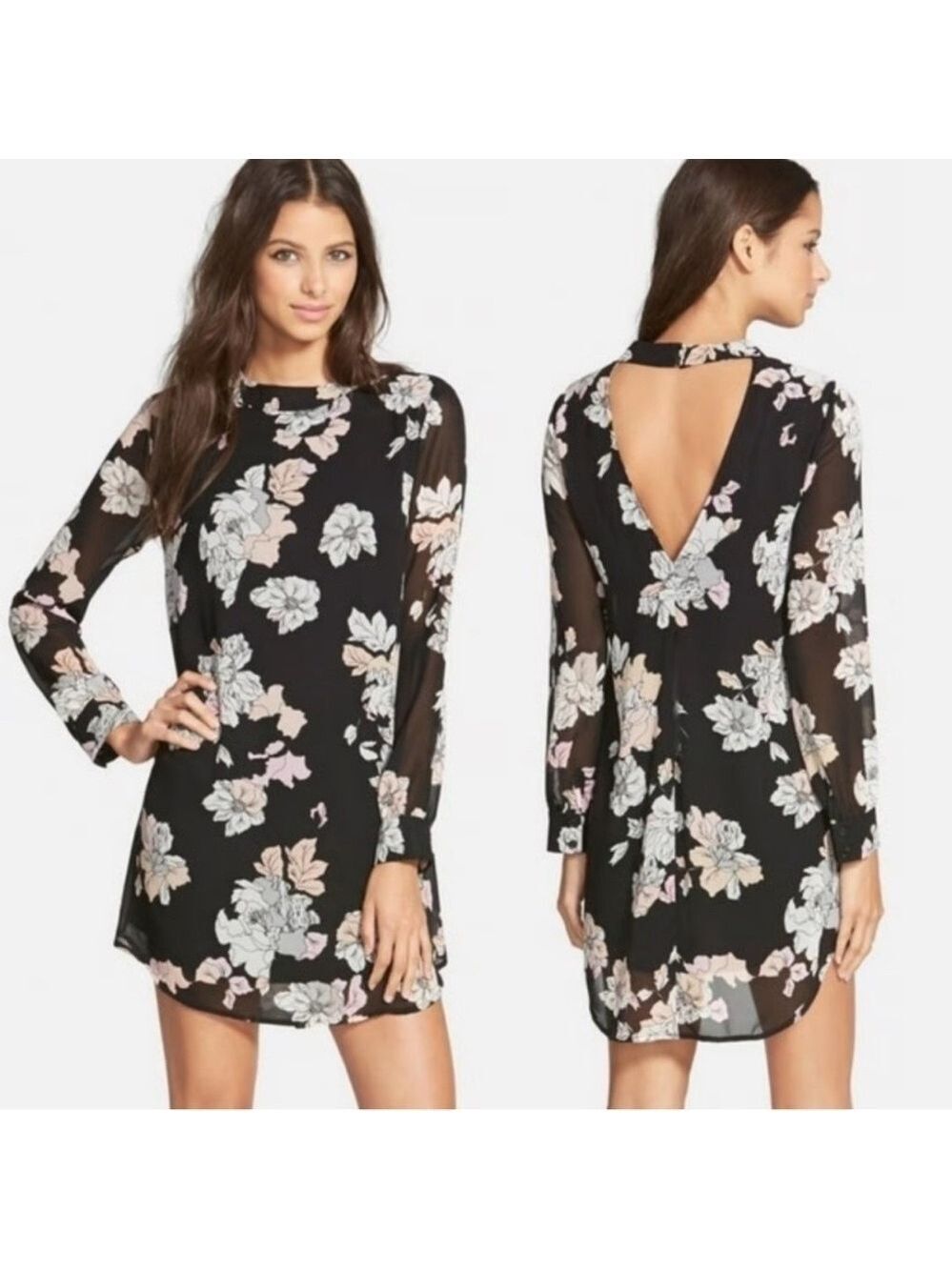 ASTR floral sheer long sleeve pullover low back lined spring dress small